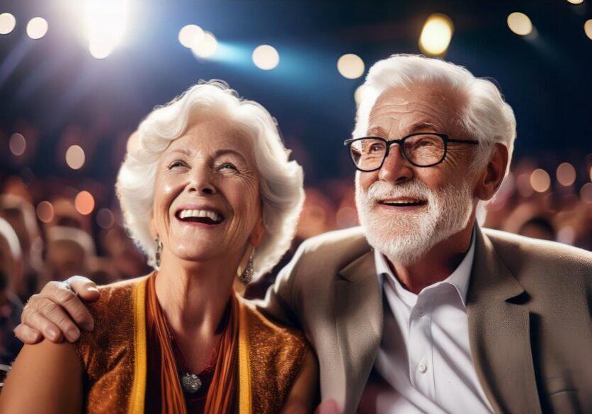 Firefly a realistic photo quality image of an eldery couple at a concert. the mans face indicates he