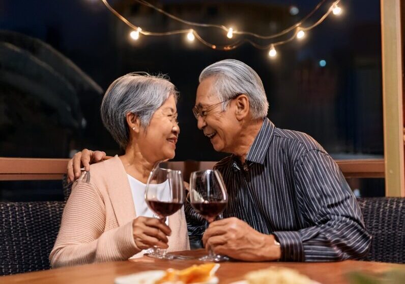 Firefly an image of an elderly couple enjoying a romantic night with wine in a restaurant. The coupl