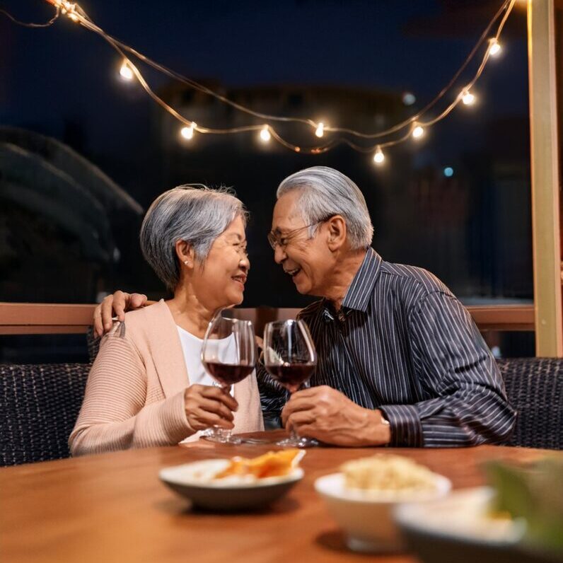 Firefly an image of an elderly couple enjoying a romantic night with wine in a restaurant. The coupl