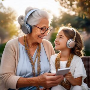 Firefly an image of an elderly woman listening to music with her granddaughter 36162